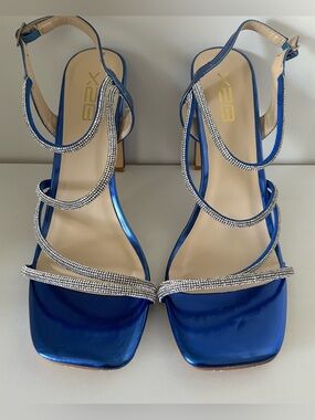 X2 Metallic Blue Strappy Heels with Rhinestone Accents